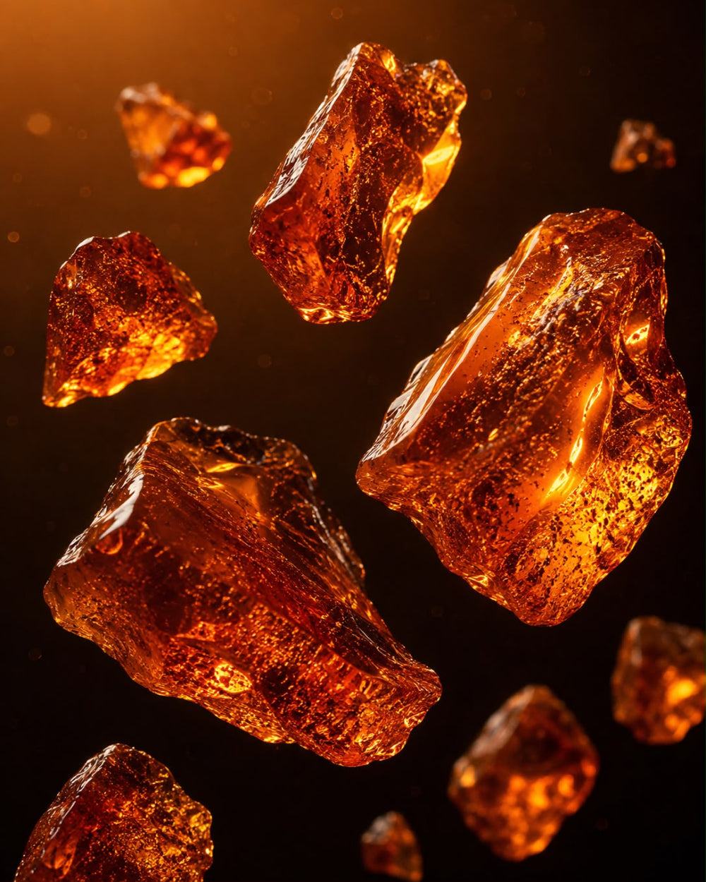 Several translucent amber-orange crystal fragments float against a dark black background, with warm light catching the rough, faceted surfaces.