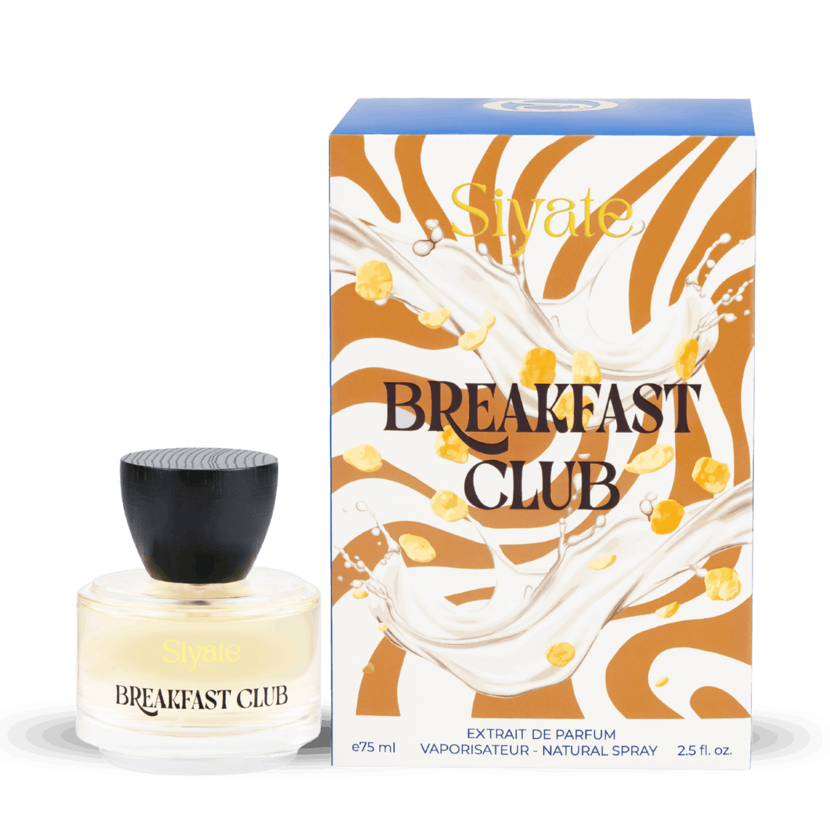 Siyate Breakfast Club extrait de parfum bottle and its retail box, featuring a white and orange zebra-stripe design with gold splash details, set against a solid black background.