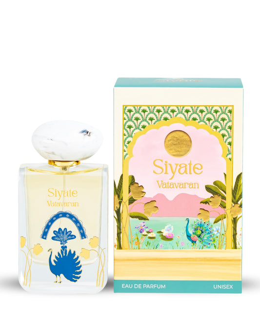 Siyate Velayaran Eau de Parfum bottle and its illustrated packaging box. The bottle has a white cap, a gold neck ring, and a pale yellow liquid inside, decorated with a blue peacock and gold script.