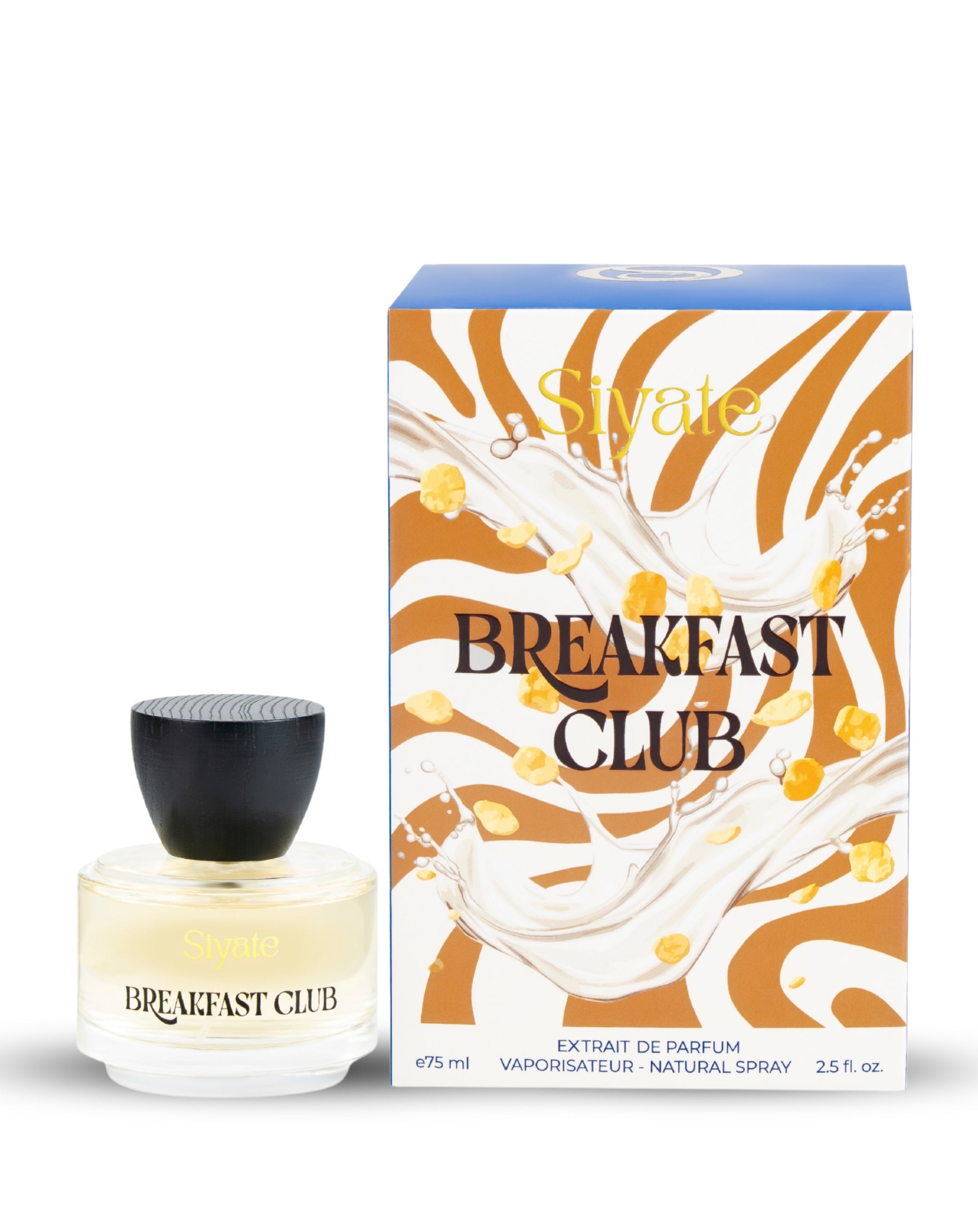 Sivate Breakfast Club perfume bottle and its retail box. The bottle is a clear glass with pale yellow liquid and a black cap, while the box features a white background with orange zebra-like stripes, gold coffee beans, and the brand name 'Sivate' in gold script.