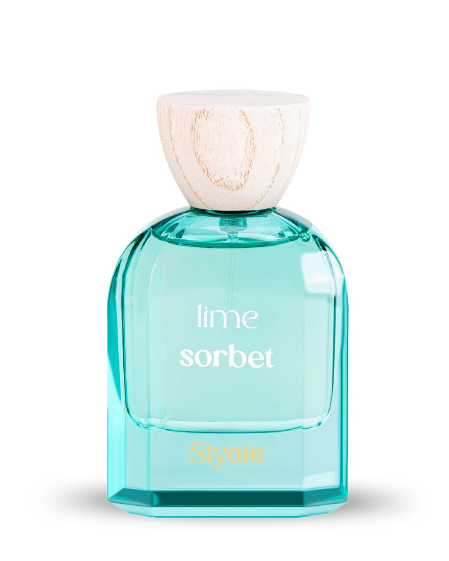 A bottle of Siyate Lime Sorbet perfume with a translucent turquoise blue glass body, a light beige wood-grain cap, and white and gold lettering on the front, set against a plain white background.