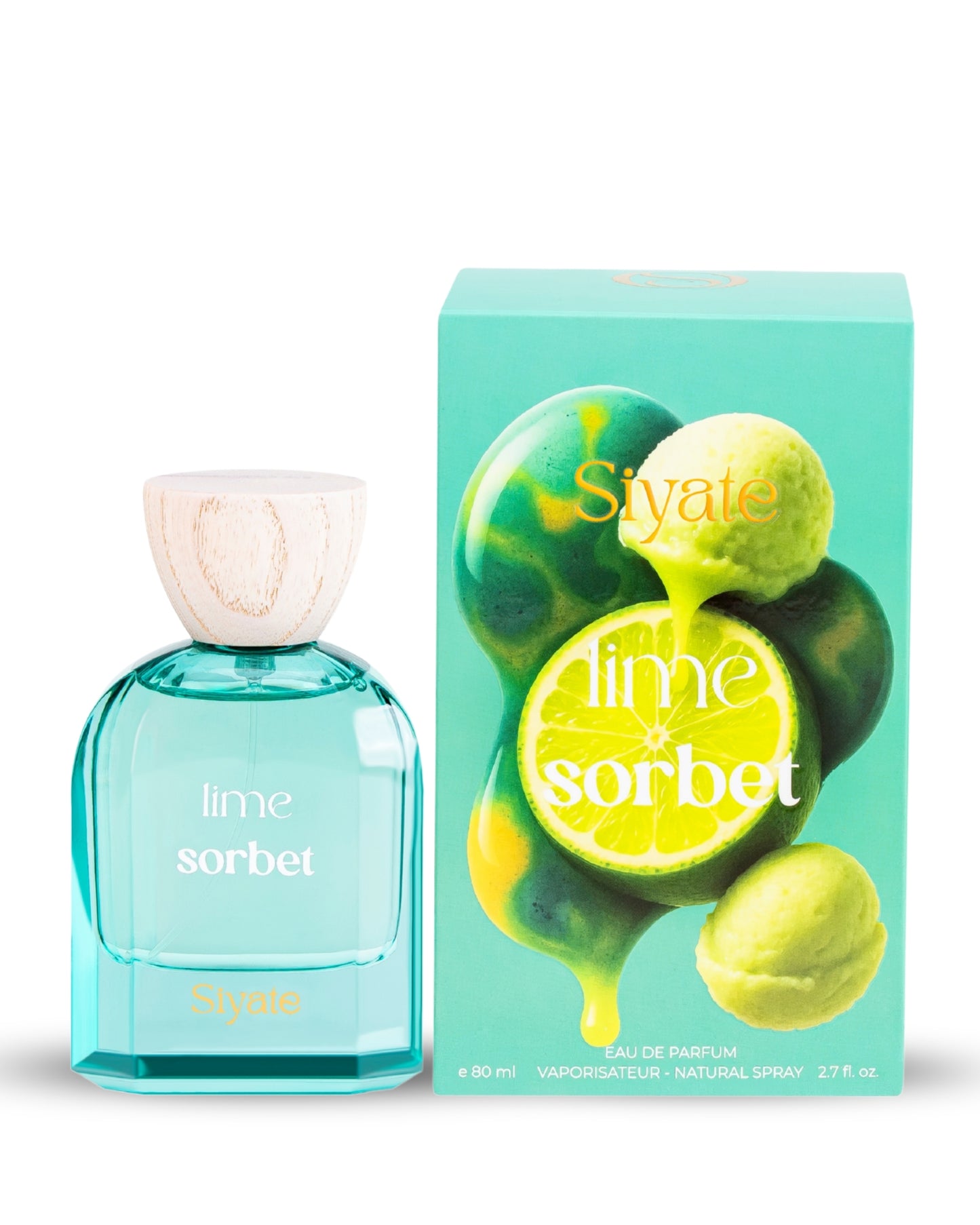 A bottle of lime sorbet eau de parfum next to its retail box. The bottle is made of translucent aqua glass with a light wood cap, and the box features illustrations of green lime slices and whole limes dripping with yellow lime juice.