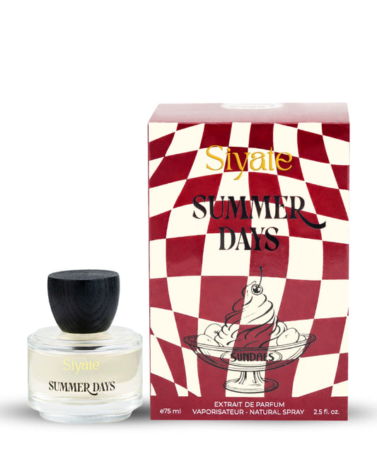 Sivale Summer Days perfume bottle and its packaging box. The bottle is a clear glass with a black cap and a light yellow liquid inside, while the box features a red and cream checkered pattern with a drawing of a sundae.