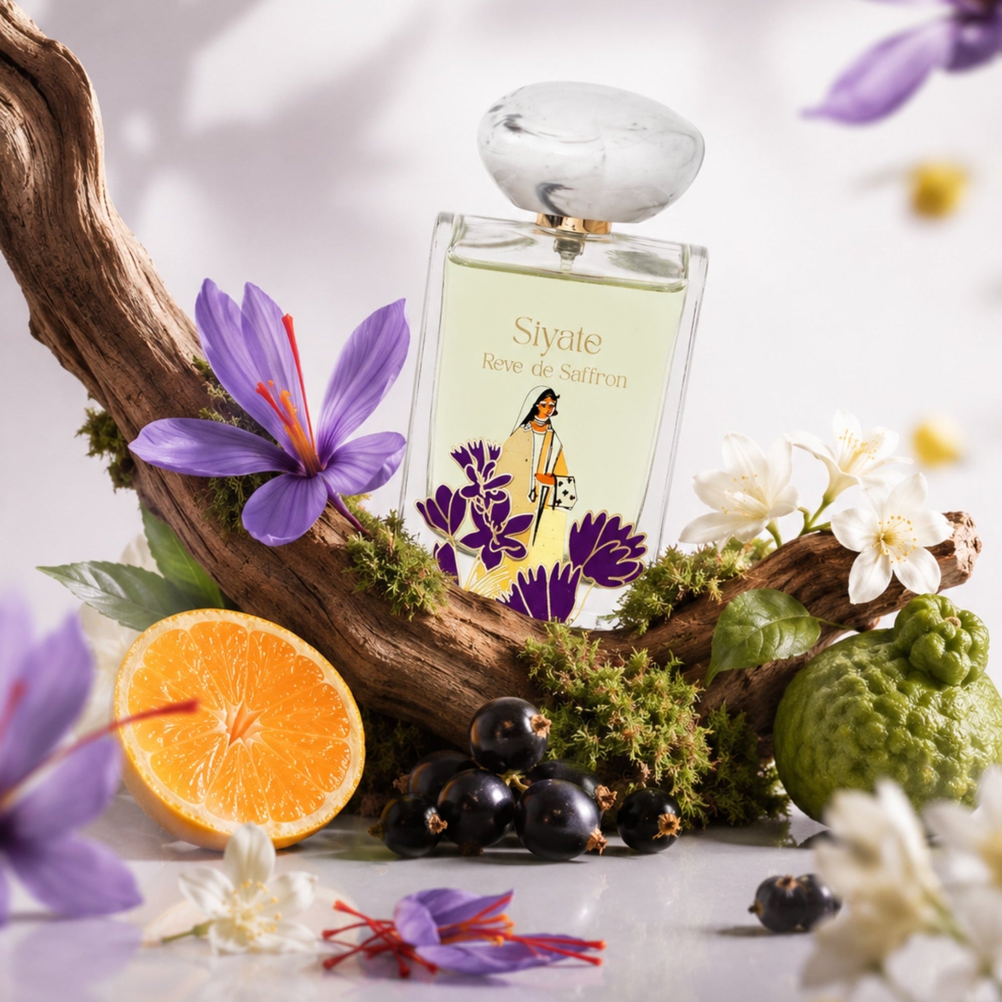 A perfume bottle labeled 'Siyate Reve de Saffron' is styled on a white surface with a curved piece of driftwood, purple flowers, white blossoms, a sliced orange, dark berries, and greenery against a soft white background.