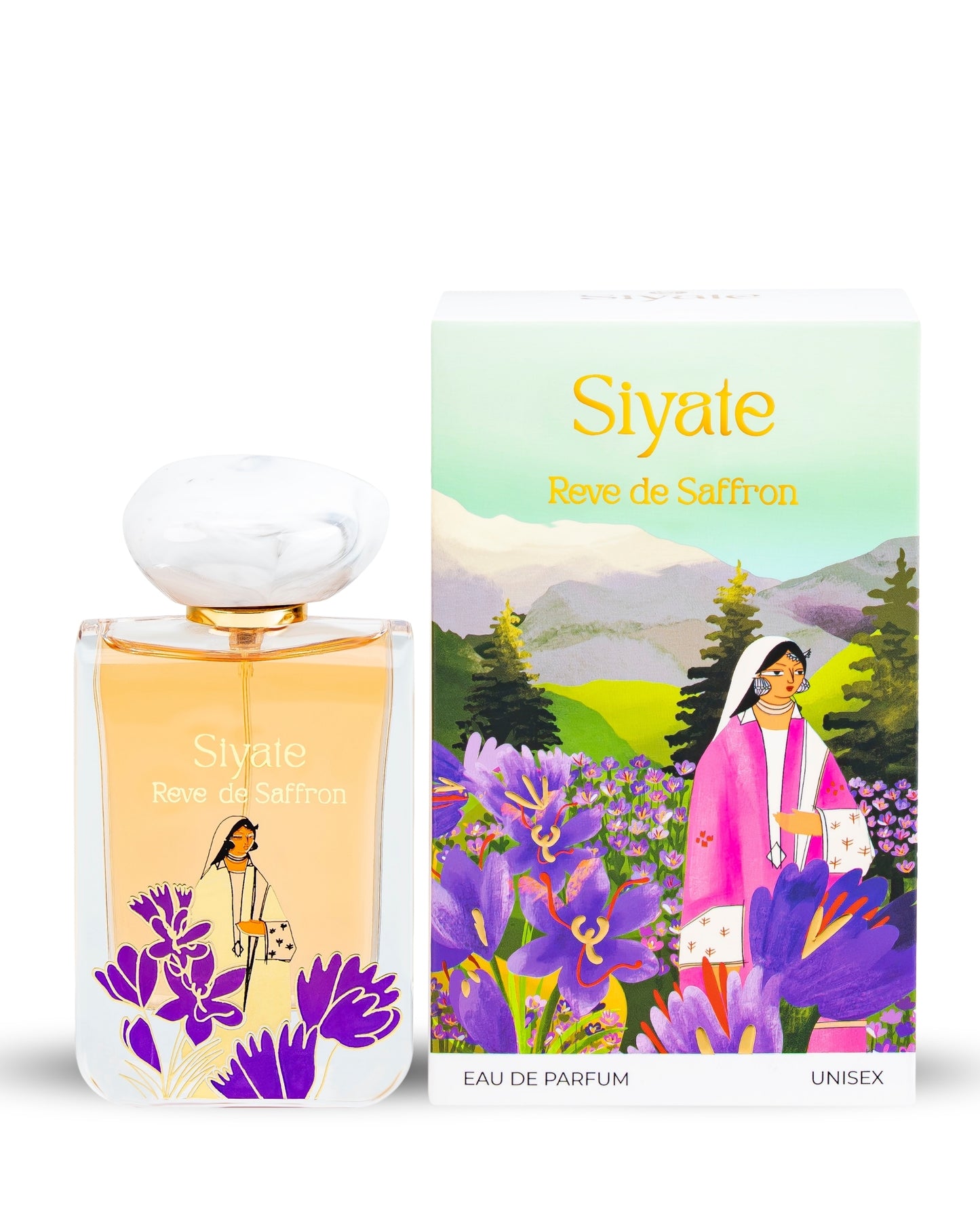 Siyate Reve de Saffron Eau de Parfum bottle and its illustrated packaging box, featuring a woman in a pink robe among purple saffron flowers on a white background.