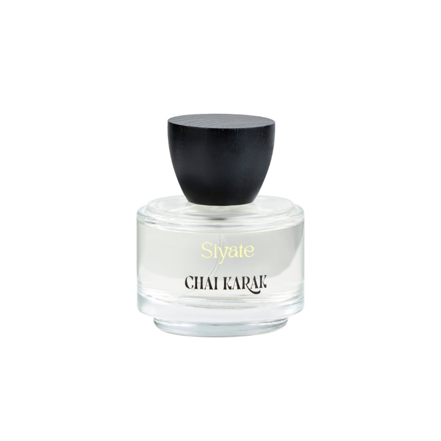 Perfume bottle with black cap and white body on a white background