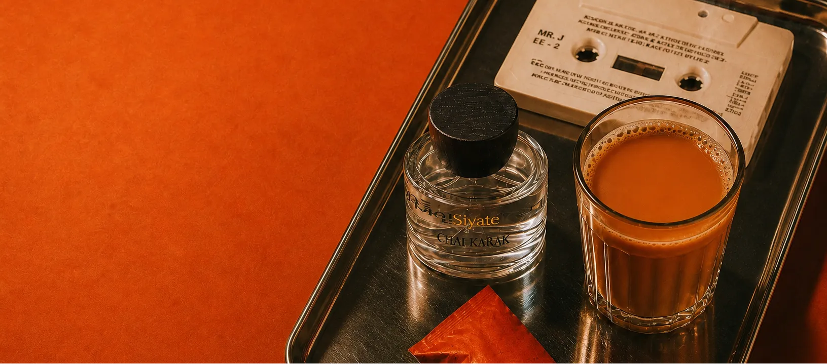 A styled product shot featuring a clear glass bottle of Sivate Marakka coffee with a black cap, next to a glass of iced coffee and a vintage cassette tape on a dark tray, set against a solid orange background.