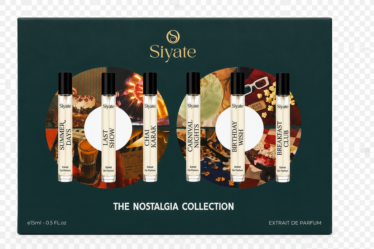 Siyate 'The Nostalgia Collection' 10-piece perfume sample set in a dark teal-green box. The packaging features illustrations of various nostalgic scenes (summer evenings, chai, birthday, breakfast) surrounding six individual 10ml glass perfume vials with black caps.